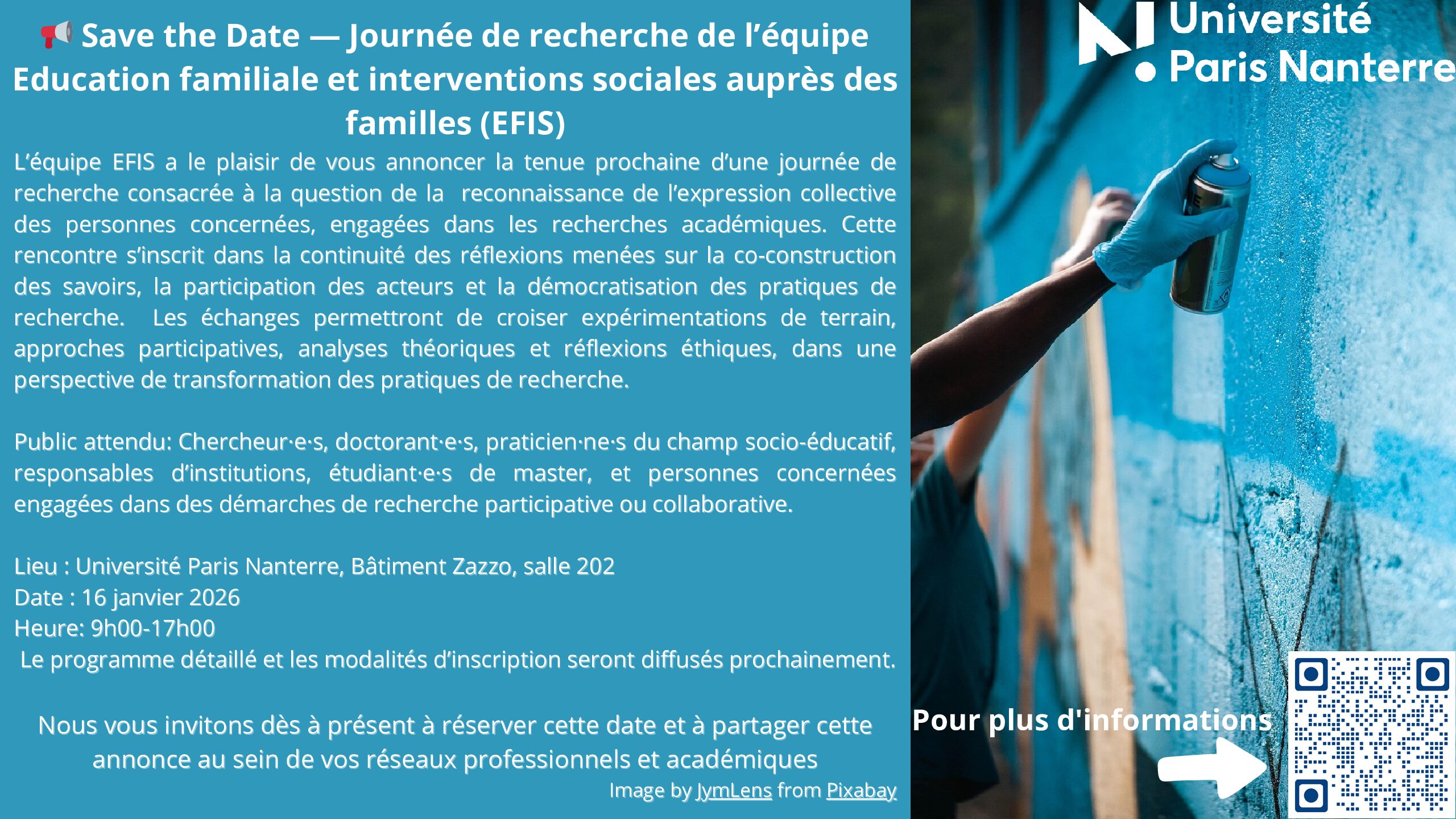 Journée de recherche Efis : « La reconnaissance de l’expression collective des personnes concernées, engagées dans les recherches académiques » (Nanterre, 16 janvier 2026)